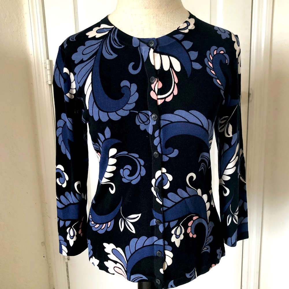Ann Taylor Floral Navy Blue Cardigan